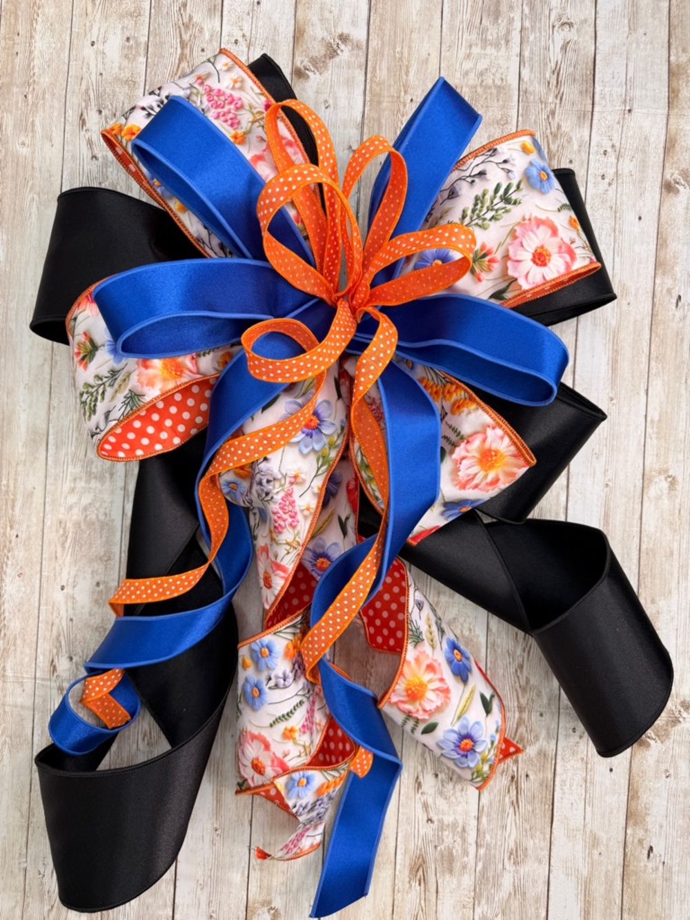 Blue, Orange & Black Floral Gift Bow - Decorative Party Ribbon